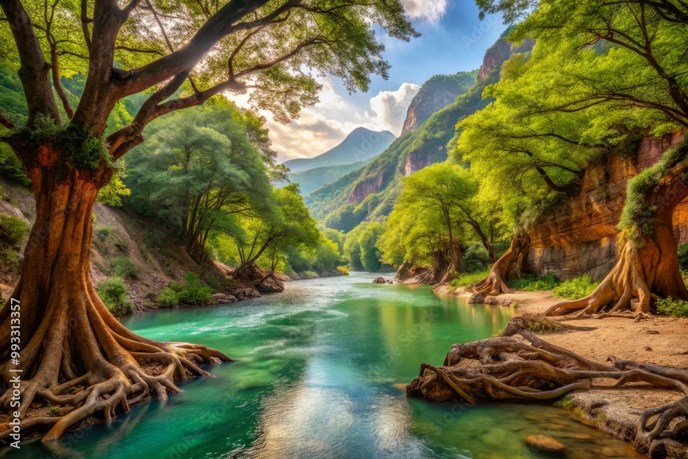 Fototapeta premium River winds serenely through a verdant valley surrounded by rust-hued cliffs and towering ancient trees, their gnarled roots stretched towards its crystal clear waters.