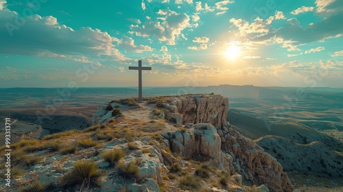 Celtic cross on mountain peak at sunset

 photo