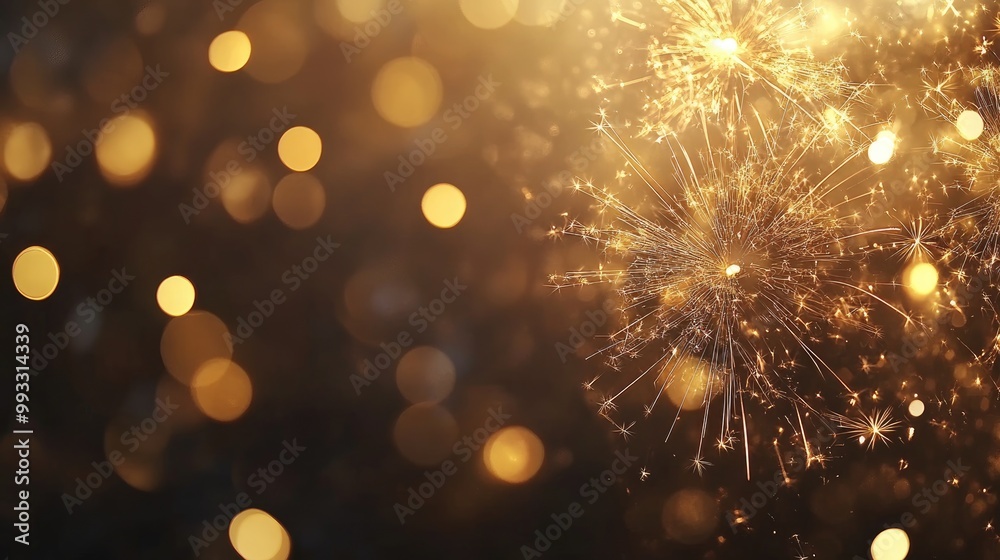 Festive New Year greeting card banner featuring golden fireworks and bokeh lights against a textured dark background