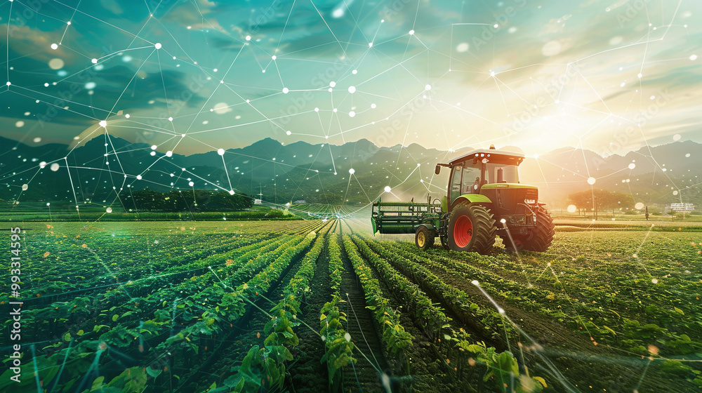 Sunset in Farming Field with Tractor