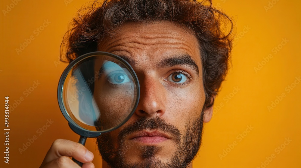 humorous portrait of a man peering through a magnifying glass humorously investigating against a bright yellow backdrop capturing curiosity and playfulness humorous portrait of a man peering through a magnifying glass humorously investigating against a bright yellow backdrop capturing curiosity and playfulness