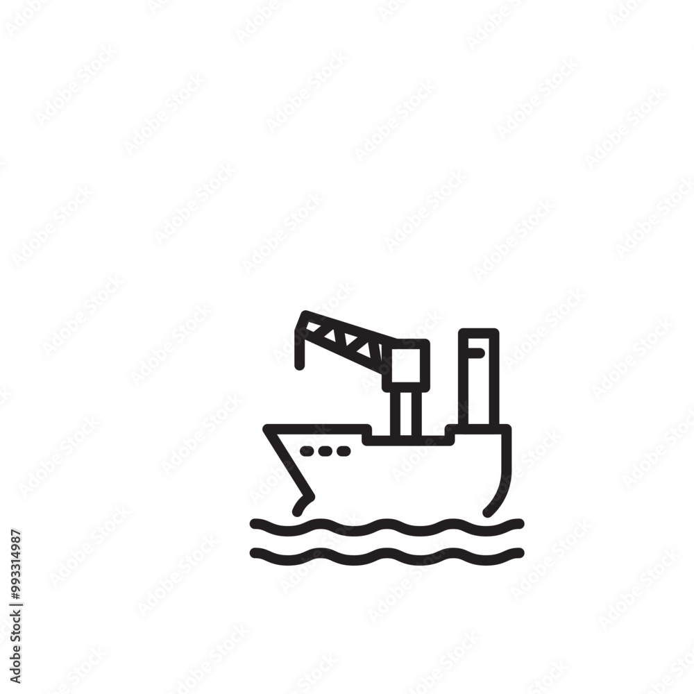A cargo ship with a crane on icon. A line drawing of a cargo ship with a crane loading or unloading goods, symbolizing shipping, logistics, or international trade. Editable icon. A cargo ship with a crane on icon. A line drawing of a cargo ship with a crane loading or unloading goods, symbolizing shipping, logistics, or international trade. Editable icon.