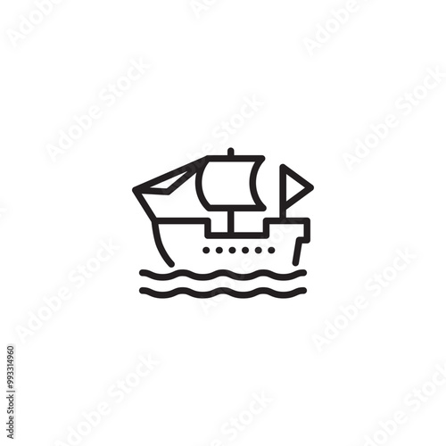 A sailing ship on icon. A line drawing of a sailing ship with a flag, symbolizing exploration, adventure, or seafaring. Editable icon.