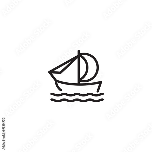 A sailboat on the water on icon. A line drawing of a sailboat with a single sail, sailing on wavy water. This symbolizes sailing, boating, or nautical activities. Editable icon.