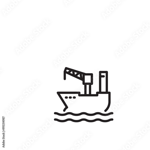 A cargo ship with a crane on icon. A line drawing of a cargo ship with a crane loading or unloading goods, symbolizing shipping, logistics, or international trade. Editable icon.