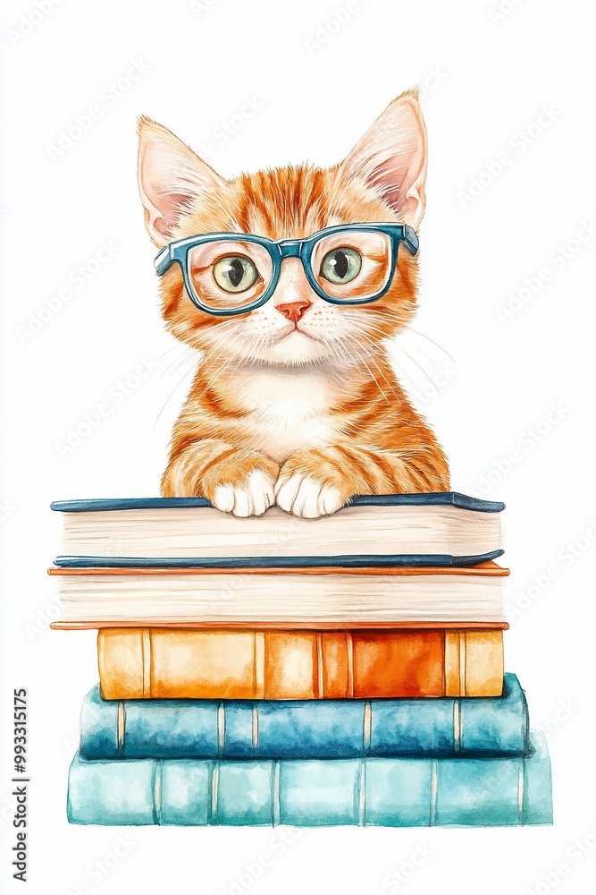 Cat Wearing Glasses Reading Books Watercolor Illustration. Cat Wearing Glasses Reading Books Watercolor Illustration.