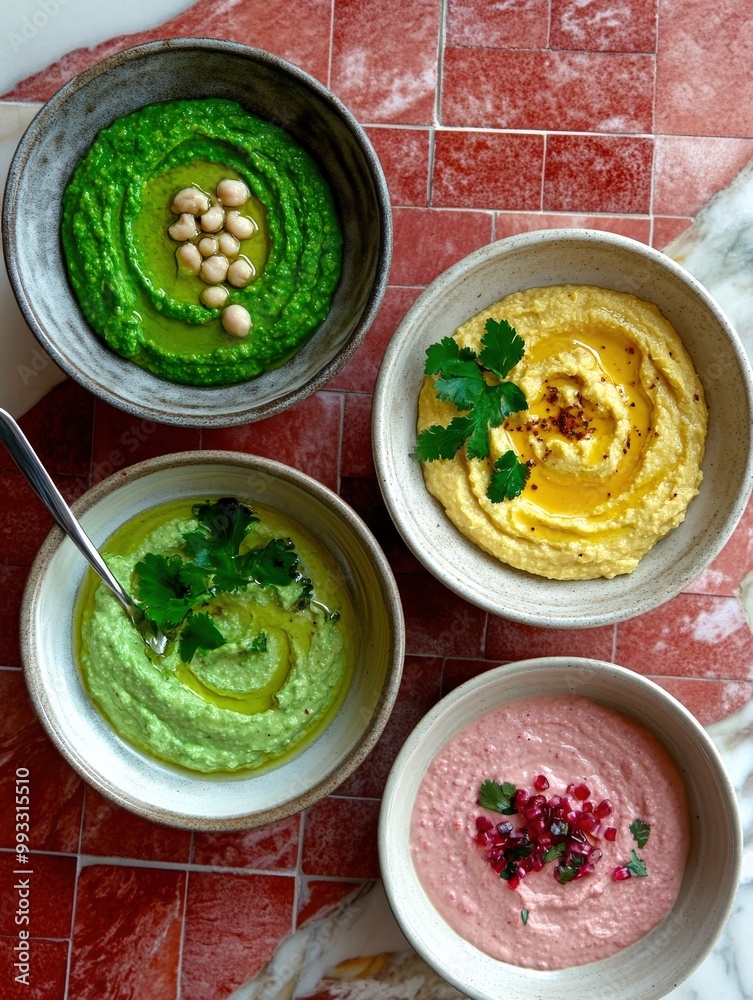 Colorful hummus bowls - green, yellow and beetroot. red pink background color, copy space. vegan food on the bright colorful tiles background. healthy delicious vegetarian food. Colorful hummus bowls - green, yellow and beetroot. red pink background color, copy space. vegan food on the bright colorful tiles background. healthy delicious vegetarian food.