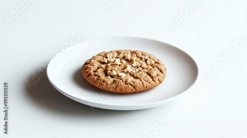 A single, round cookie with a variety of nuts and seeds on a white plate.