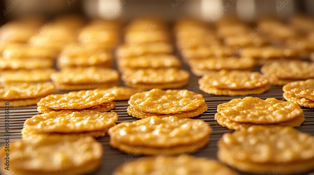 Cornflake cookies arranged in rows, bakery setting, 3D illustration