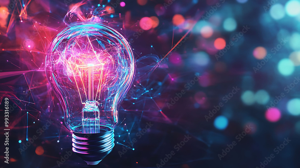 A glowing light bulb with pink and blue abstract lines and bokeh lights in the background. A glowing light bulb with pink and blue abstract lines and bokeh lights in the background.
