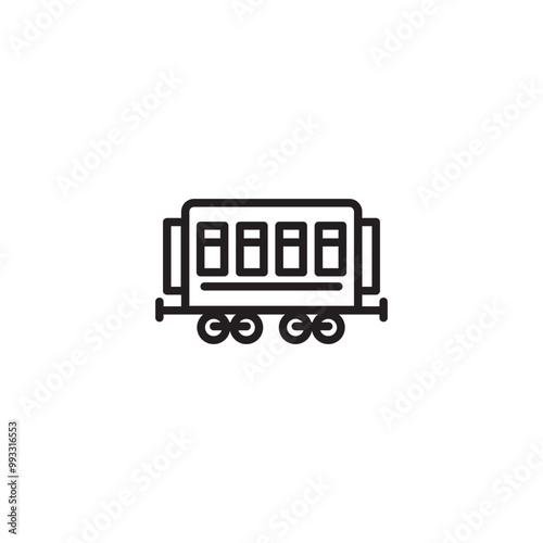 A line drawing of a train passenger car. A minimalist illustration of a train passenger car with four wheels and six windows. Icon representing a train passenger car. Editable icon. photo