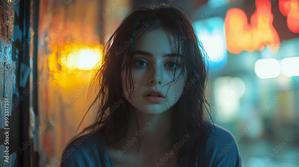 Woman in the City at Night: A Moody Portrait Woman in the City at Night: A Moody Portrait