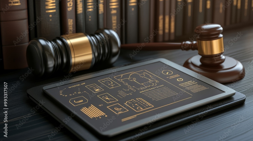 AI regulations document displayed on a digital tablet, surrounded by legal books and a gavel AI regulations document displayed on a digital tablet, surrounded by legal books and a gavel