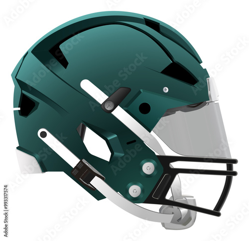 Realistic modern green American football helmet with safety glass, back mask and chin strap