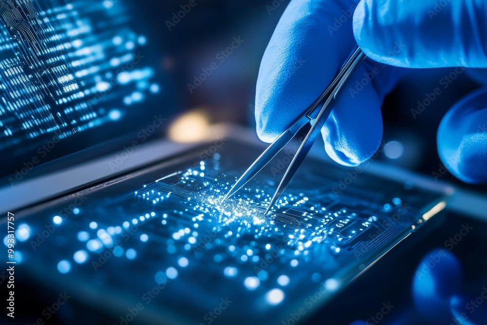 Holding the chip with tweezers, soldering it in place with a soldering iron. Computer repair. Macrophotography. Copy space. Holding the chip with tweezers, soldering it in place with a soldering iron. Computer repair. Macrophotography. Copy space.