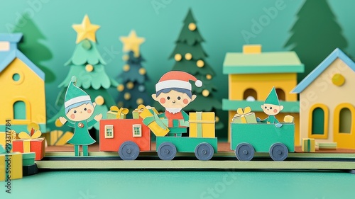 Colorful paper train with elves delivering gifts in a festive village setting.