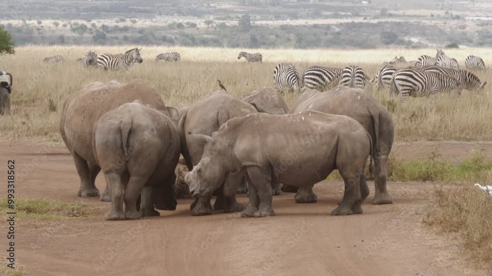 herd of rhinos in the African savanna herd of rhinos in the African savanna