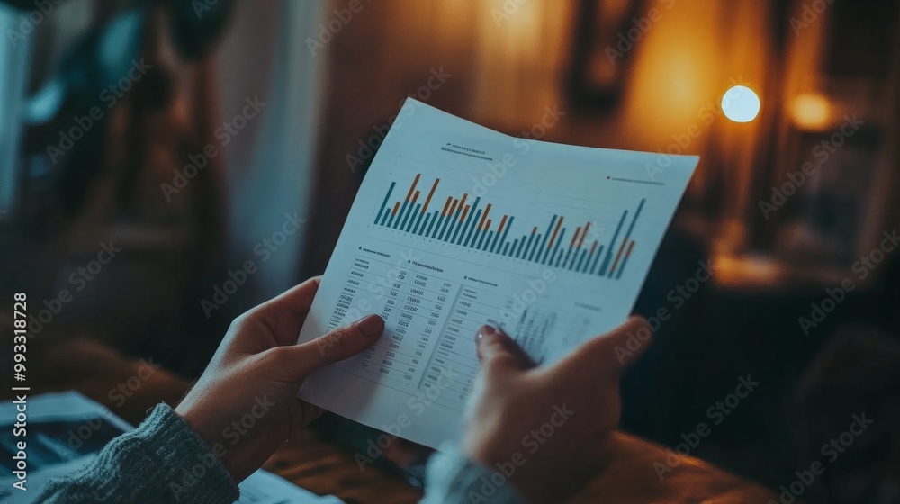 Naklejka premium Close-up of hands holding a report with a column chart highlighting company growth by year, 2029 projection.