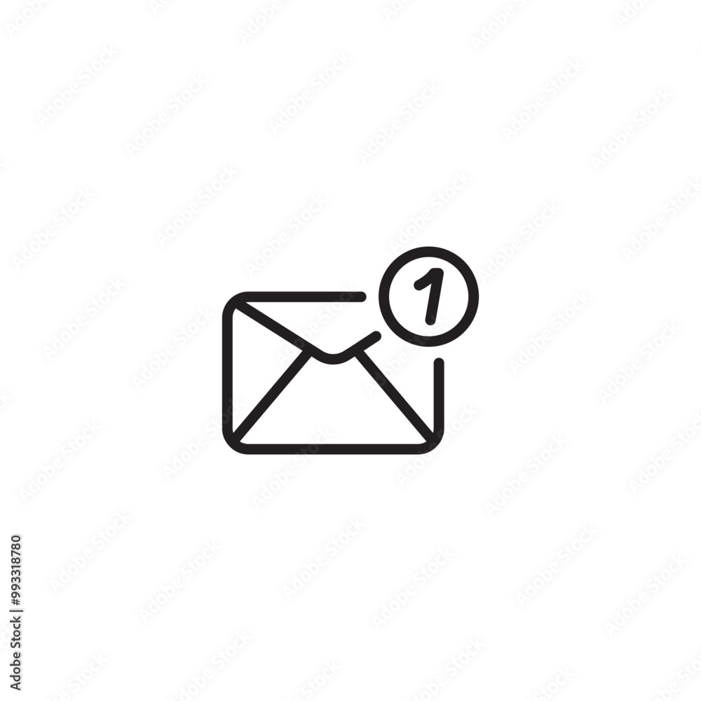 A line drawing of an envelope with a notification badge showing. Icon representing a single unread email. Editable icon. A line drawing of an envelope with a notification badge showing. Icon representing a single unread email. Editable icon.