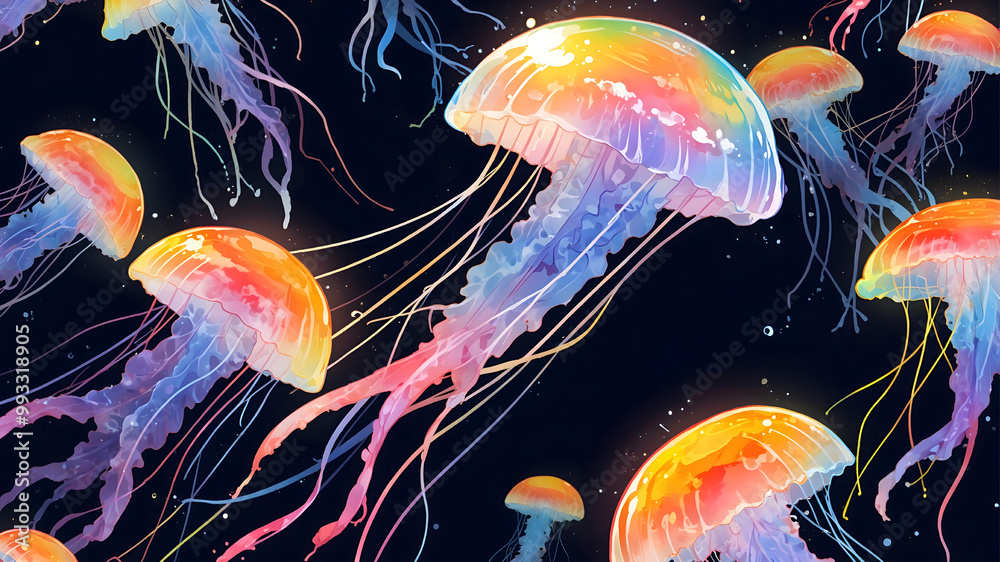 Naklejka premium Colorful jellyfish swimming in a dark blue ocean