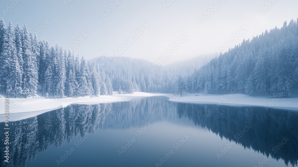 Serene Winter Landscape with Snow-Covered Trees and a Tranquil Lake Serene Winter Landscape with Snow-Covered Trees and a Tranquil Lake