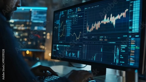 Column chart on a computer screen showing company progress from 2020 to 2029, businessman reviewing data for investments photo