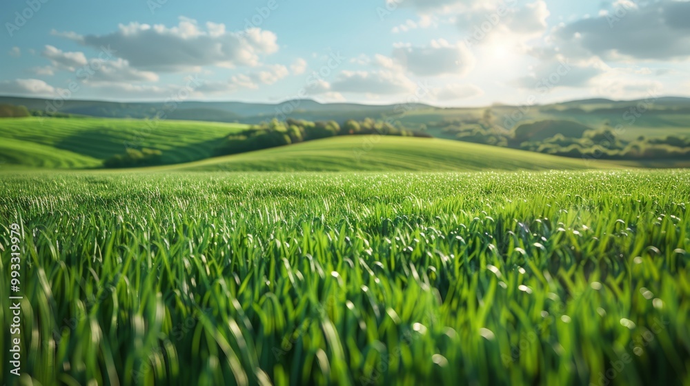 Fototapeta premium Green grass field with rolling hills and distant trees under a blue sky with clouds.