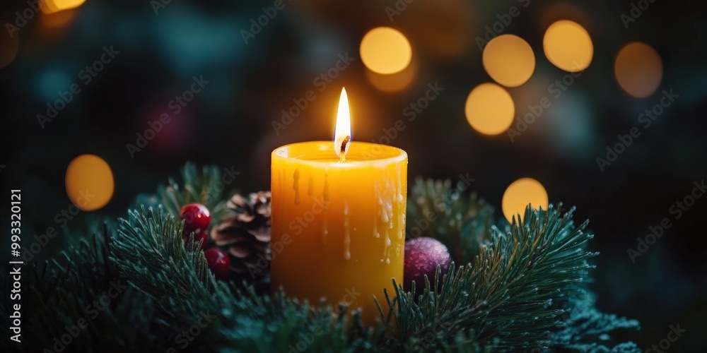 Advent wreath with one lit candle surrounded by Christmas decor and evergreen branches Advent wreath with one lit candle surrounded by Christmas decor and evergreen branches