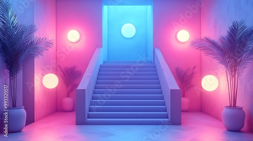 Modern staircase with vibrant lighting and plants.