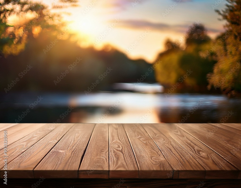 Capture the beauty of nature with this scenic image: A wooden deck overlooking a calm lake at sunset, with the golden light reflecting on the water