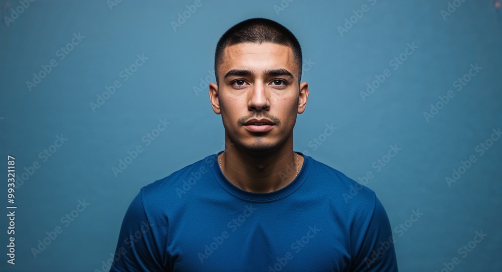 Fototapeta premium Focused young Hispanic man with buzz cut wearing tshirt on plain blue background