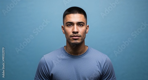 Focused young Hispanic man with buzz cut wearing tshirt on plain blue background