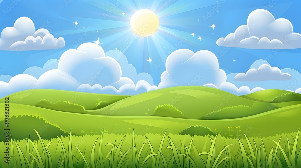 Fototapeta premium Cartoon Landscape Featuring a Sunny Sky, Puffy Clouds Floating Above, and a Lush Green Grassy Field with Gentle Hills