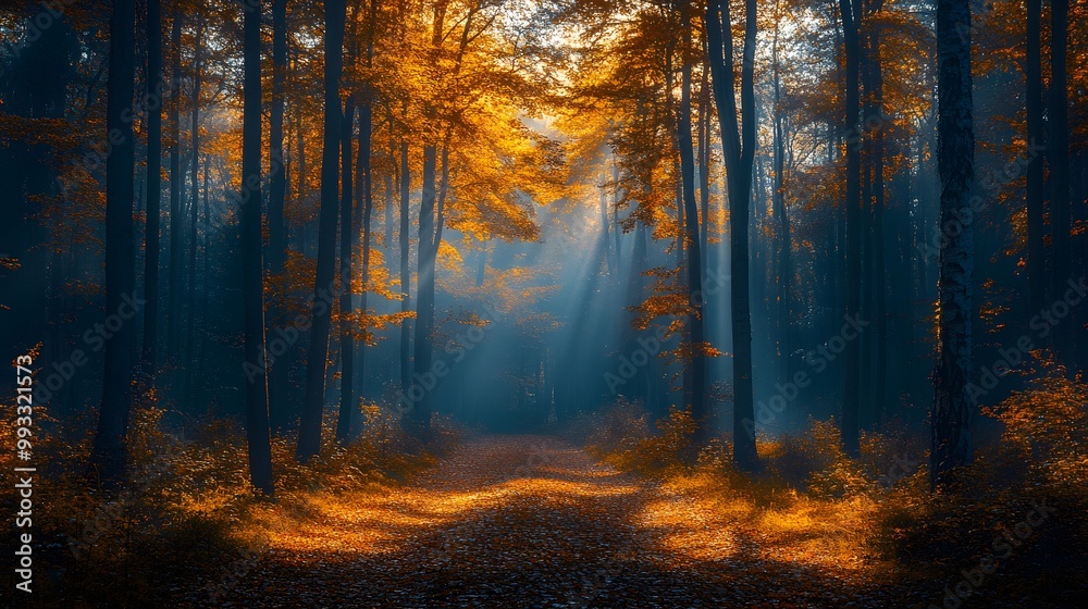 Autumn forest with sunrays through trees Autumn forest with sunrays through trees