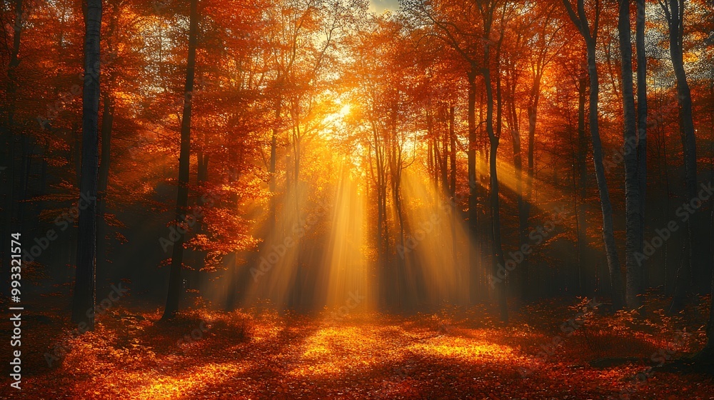 Obraz premium Autumn forest with sunrays through trees