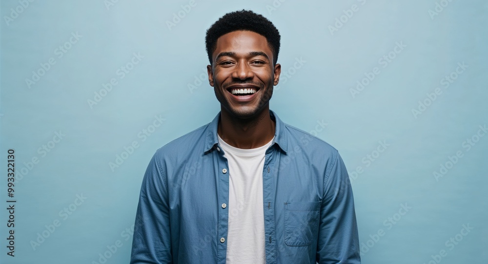 © Arceli - Joyful young African American man with short hair wearing casual shirt on plain light blue background © Arceli - Joyful young African American man with short hair wearing casual shirt on plain light blue background