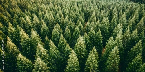 Aerial view of a lush forest with tall trees.