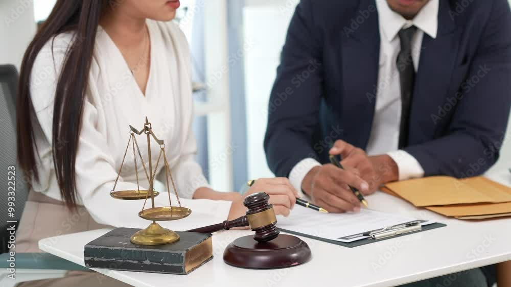 Two male and female lawyers discussing contracts and agreement concepts. Lawyers in consultation with clients Talk about real estate and financial law Two male and female lawyers discussing contracts and agreement concepts. Lawyers in consultation with clients Talk about real estate and financial law