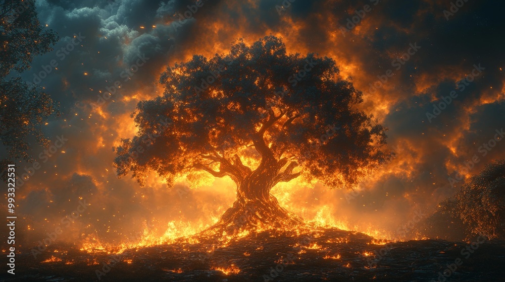 Naklejka premium Burning Tree Against Stormy Sky Generative AI