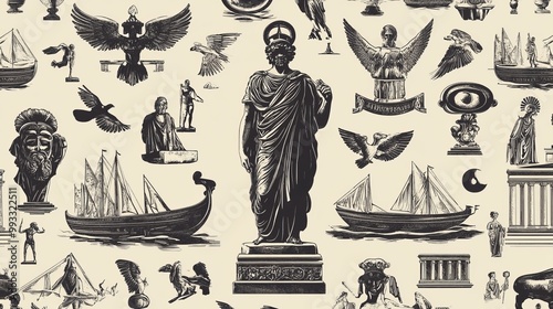 Ancient Greece seamless pattern with statues, boats, and symbols of historical myths and legends.  photo