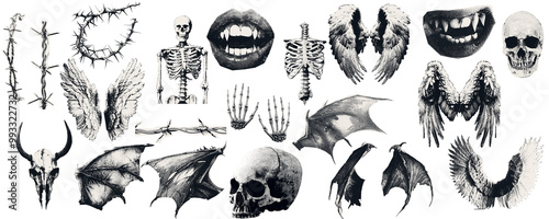 hotocopy  Magazine, newspaper clipping, Vintage elements.   illustration of grunge dadaism texture icons for psychedelic.Rock, skull, wings, demon, angel, feathers, skeleton, bones, mouth, fangs, scar