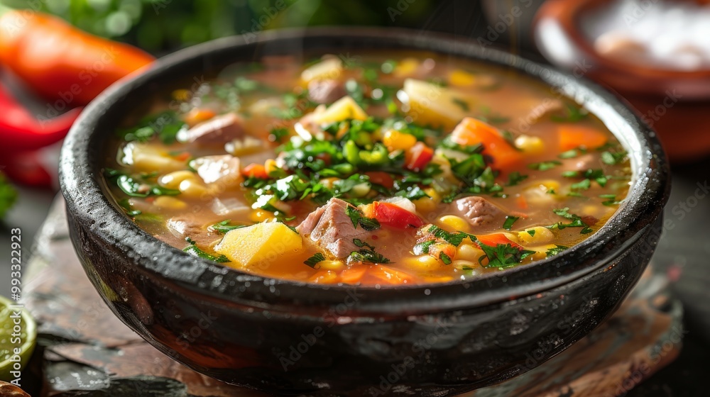 Bowl of vegetable and meat soup with herbs on top. Bowl of vegetable and meat soup with herbs on top.