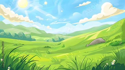 Wallpaper Mural Cartoon Landscape Featuring a Sunny Sky, Puffy Clouds Floating Above, and a Lush Green Grassy Field with Gentle Hills Torontodigital.ca