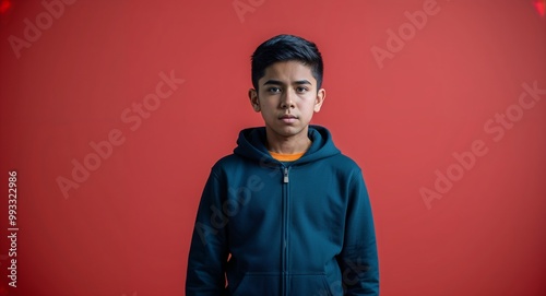 Serious Hispanic teenage boy wearing hoodie on plain red background