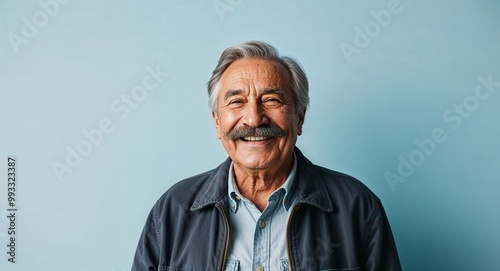 Smiling elderly Hispanic man with mustache wearing casual jacket on plain light blue background