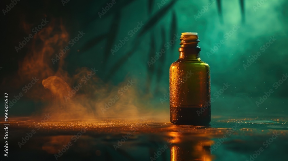 Two green bottles of essential oil sit on a tree stump Two green bottles of essential oil sit on a tree stump