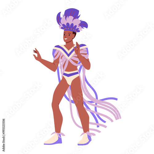 Man in purple costumes and plume of peacock feathers dancing at night party in Brazil. Happy ballet dancer walking to dance at Brazilian parade cartoon vector illustration cartoon vector illustration