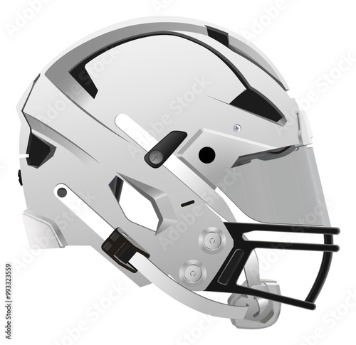 Realistic modern white American football helmet with safety glass, back mask and chin strap