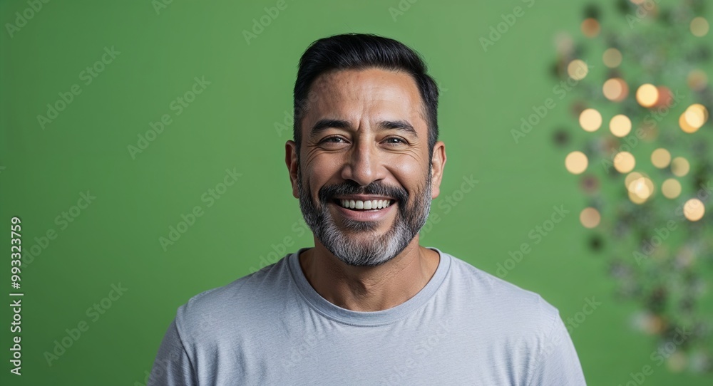 Smiling middleaged Hispanic man with beard wearing tshirt on plain green background Smiling middleaged Hispanic man with beard wearing tshirt on plain green background