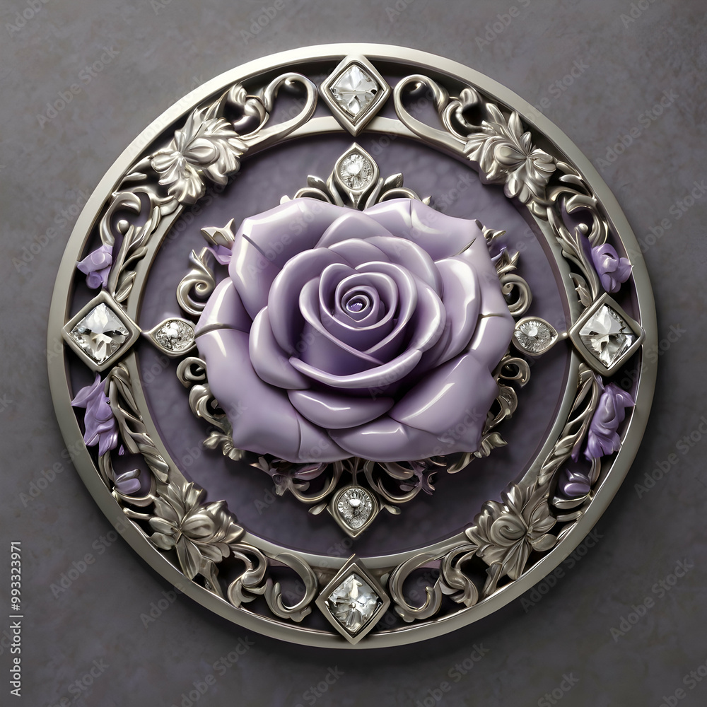 An exquisite 3D render displays a circle of lavender roses encircled by silver diamond motifs and a central diamond heart. A delicate silver plaque is placed at the bottom, all set against a smooth An exquisite 3D render displays a circle of lavender roses encircled by silver diamond motifs and a central diamond heart. A delicate silver plaque is placed at the bottom, all set against a smooth
